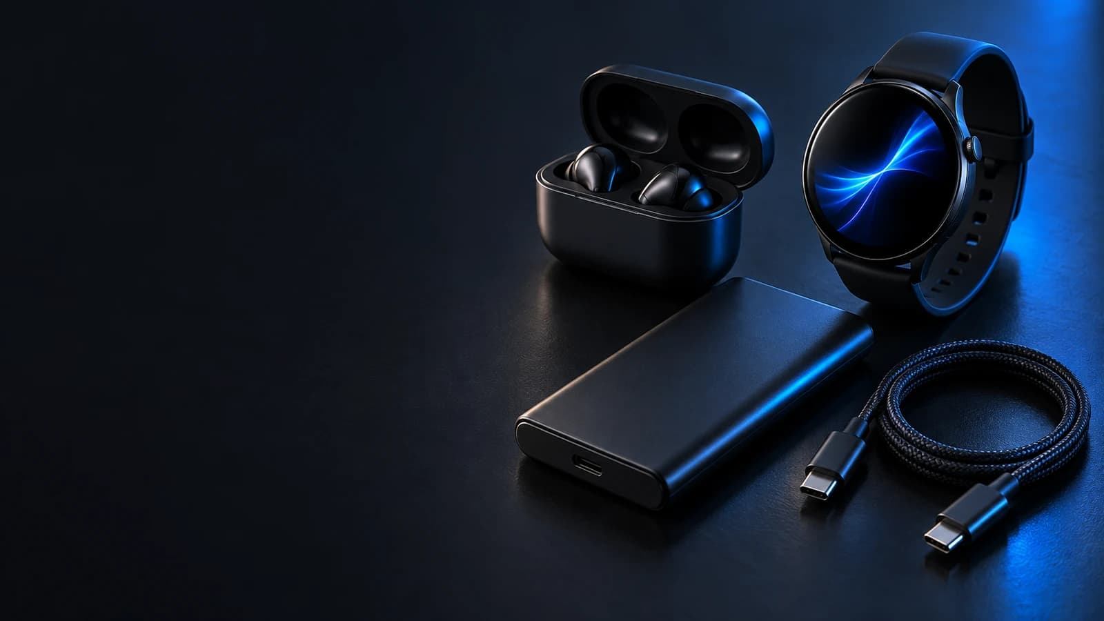 Wireless earbuds, a smartwatch and a power bank on a dark desk lit with electric blue light